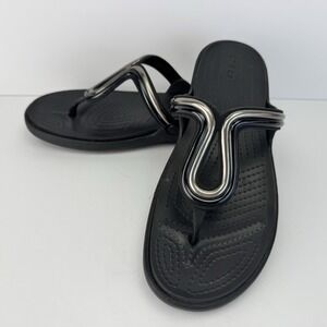 Black Crocs Sanrah Metalblock Black Silver Flip Flop Thongs Women's Size 11